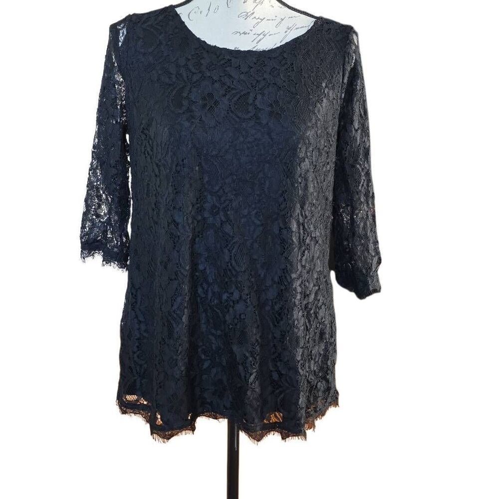 Motherhood Maternity Women's Size Medium Black Lace 3/4 Sleeve Scoop Back Blouse